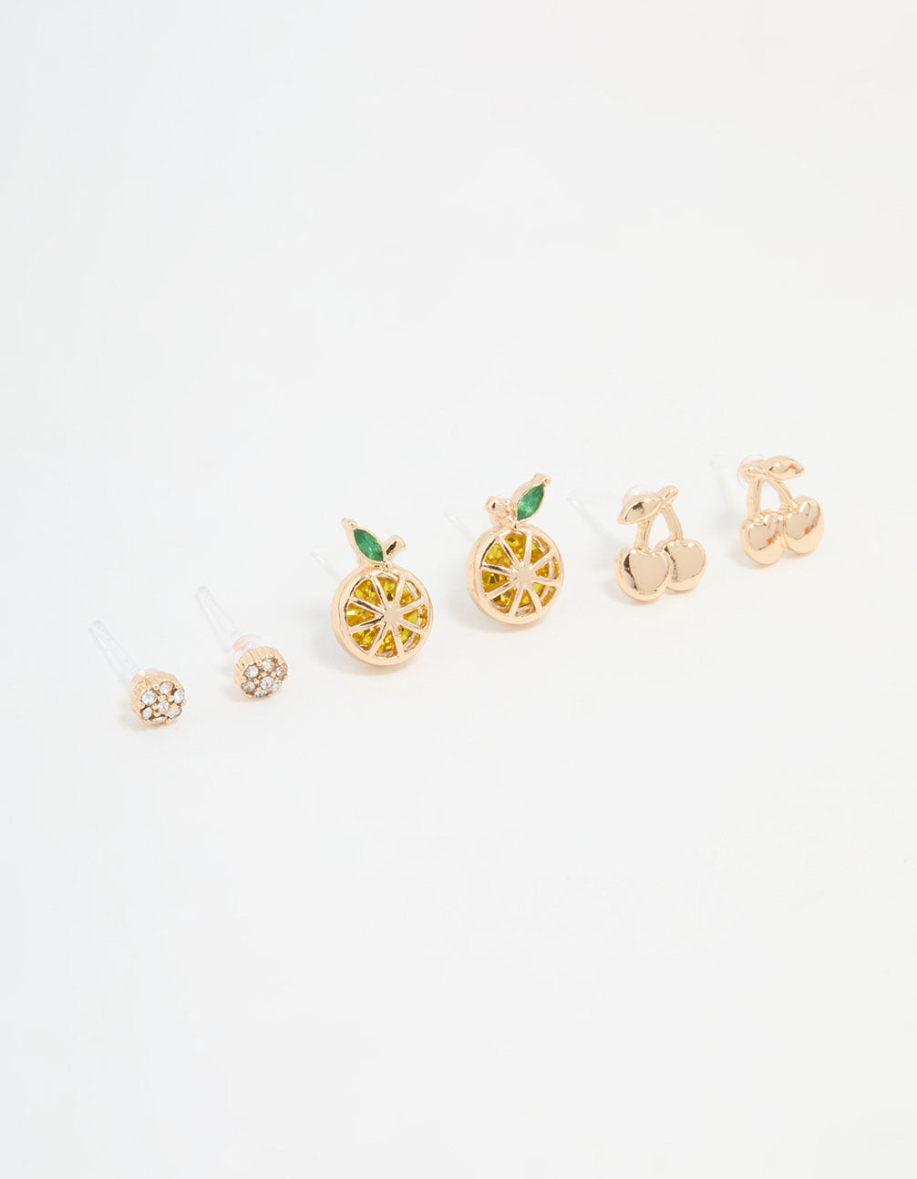 Gold Cherry & Lemon Stud Earrings 3-Pack