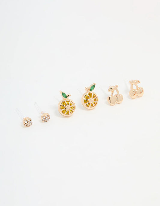 Gold Cherry & Lemon Stud Earrings 3-Pack