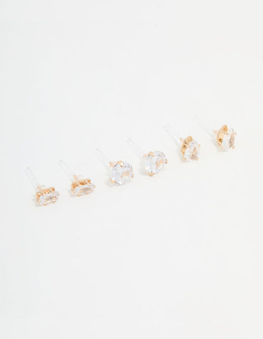 Gold Cubic Zirconia Stud Earrings 3-Pack
