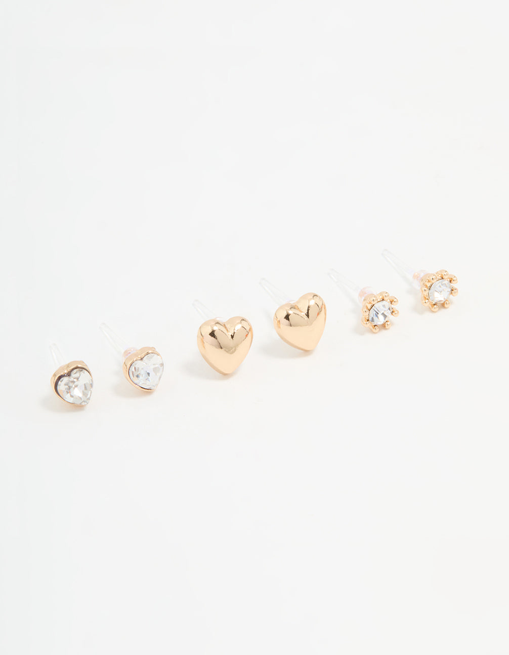 Gold Diamante Heart Stud Earrings 3-Pack