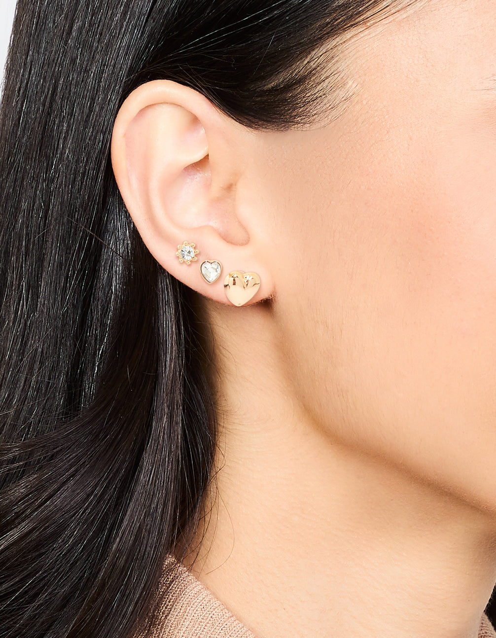 Gold Diamante Heart Stud Earrings 3-Pack