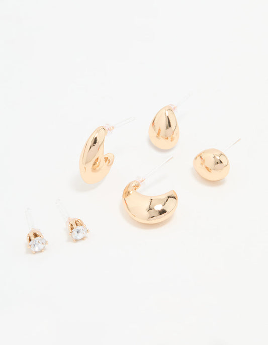 Gold Teardrop Diamante Earrings 3-Pack