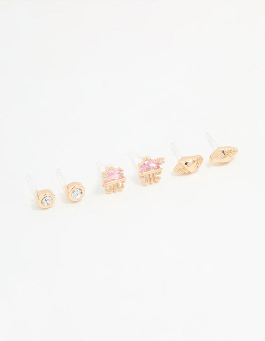 Gold Diamante Jellyfish & Shell Earrings 3-Pack