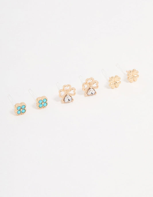 Gold Cubic Zirconia Mini Clover Stud Earrings 3-Pack