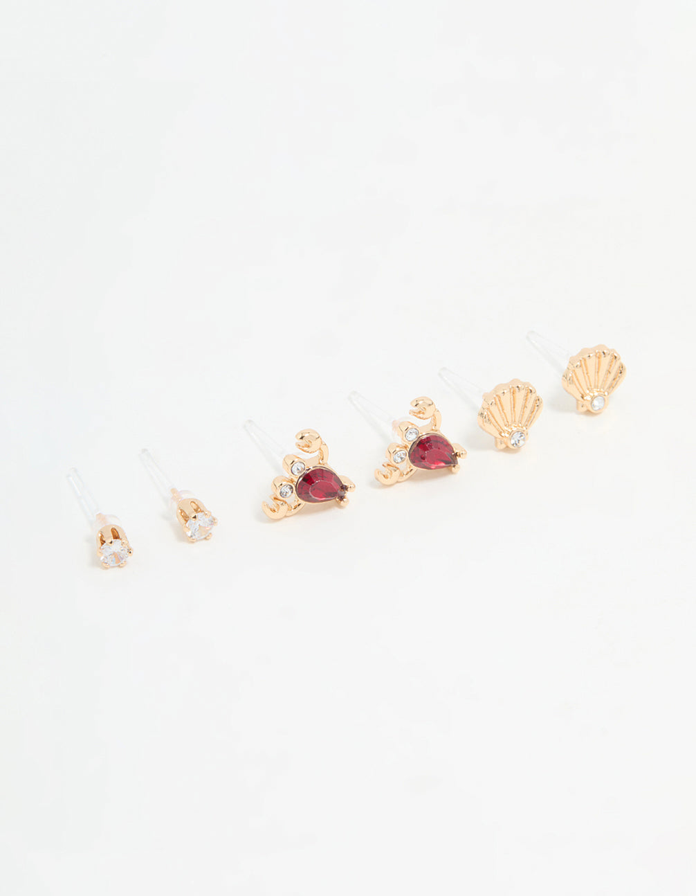 Gold Diamante Lobster & Shell Earrings 3-Pack