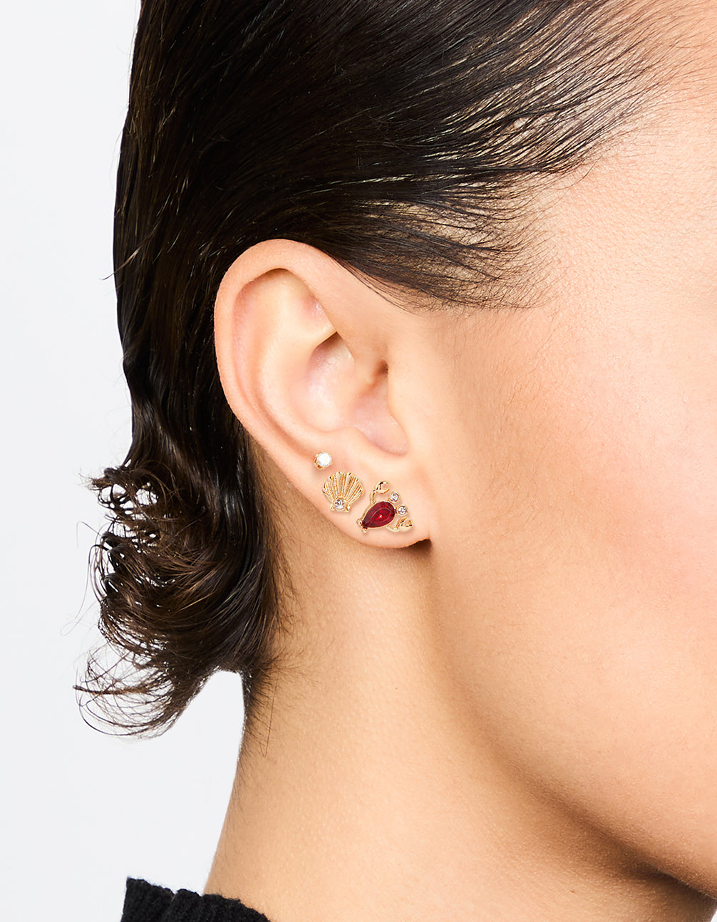 Gold Diamante Lobster & Shell Earrings 3-Pack