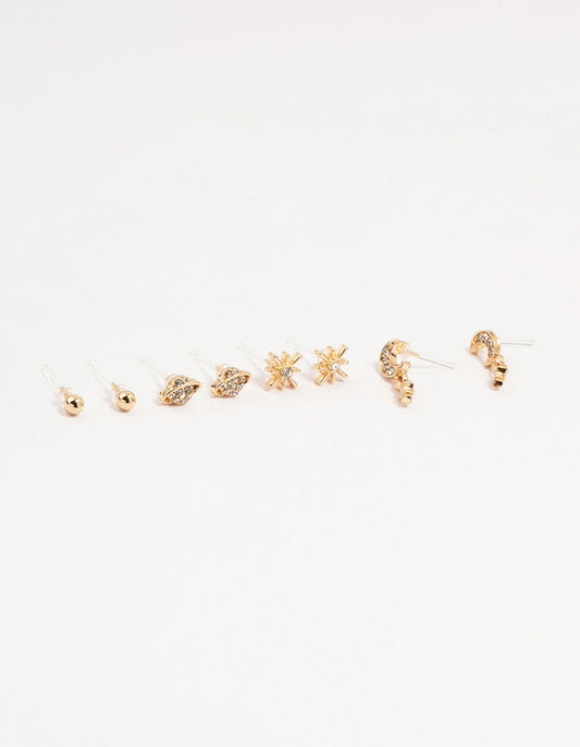Gold Diamante Moon Celestial Stud Earrings 4-Pack