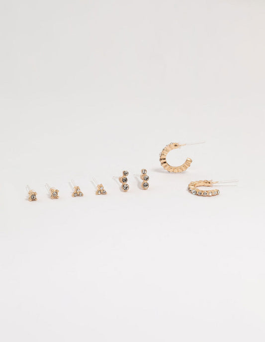 Gold Diamante Stud & Hoop Earrings 4-Pack