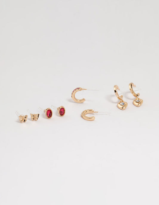 Gold Diamante Heart Mixed Stud Earrings 4-Pack