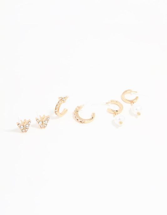 Gold Diamante Pearl Hoop & Stud Earrings 3-Pack