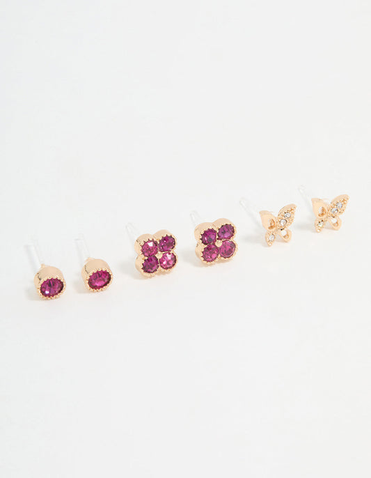 Gold Floral & Butterfly Stud Earrings 3-Pack