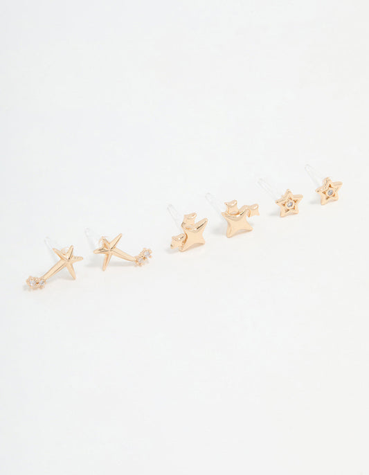 Gold Cubic Zirconia Celestial Stud Earrings 3-Pack