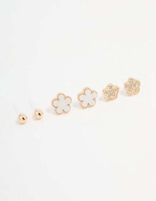 Gold Diamante & White Flower Stud Earrings 3-Pack