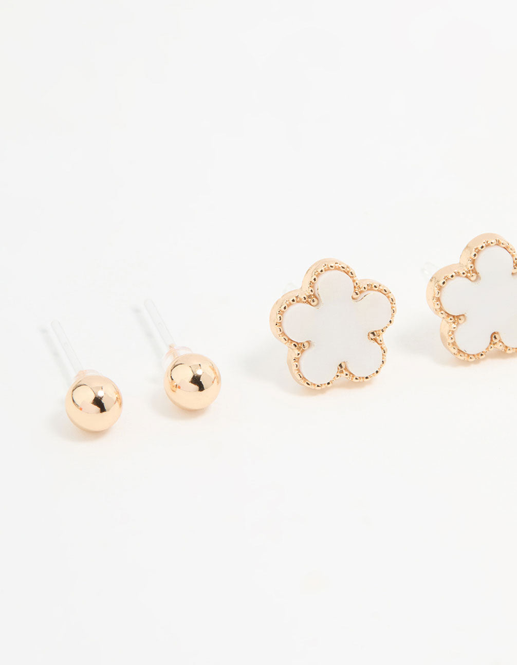 Gold Diamante & White Flower Stud Earrings 3-Pack