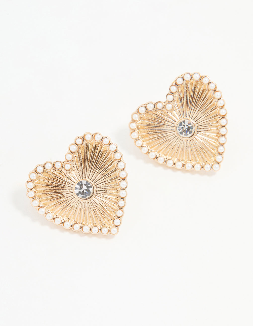 Gold Textured Pearl Heart Stud Earrings