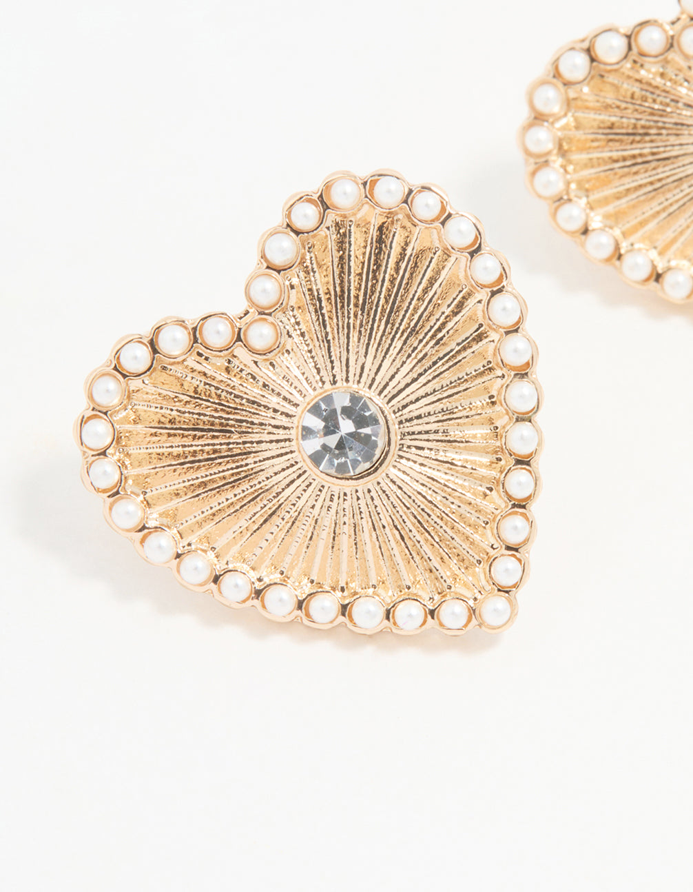 Gold Textured Pearl Heart Stud Earrings