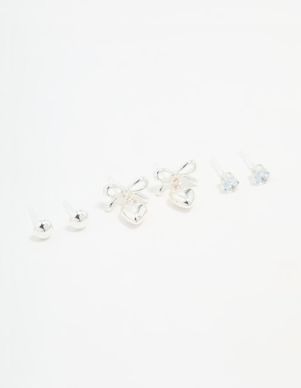Silver Bow & Heart Stud Earrings 3-Pack
