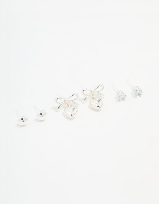 Silver Bow & Heart Stud Earrings 3-Pack