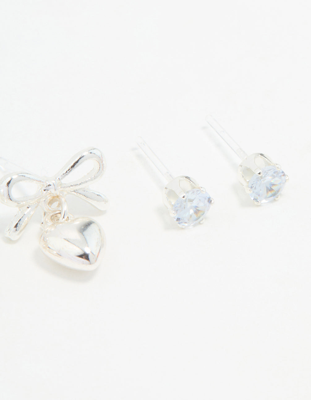 Silver Bow & Heart Stud Earrings 3-Pack