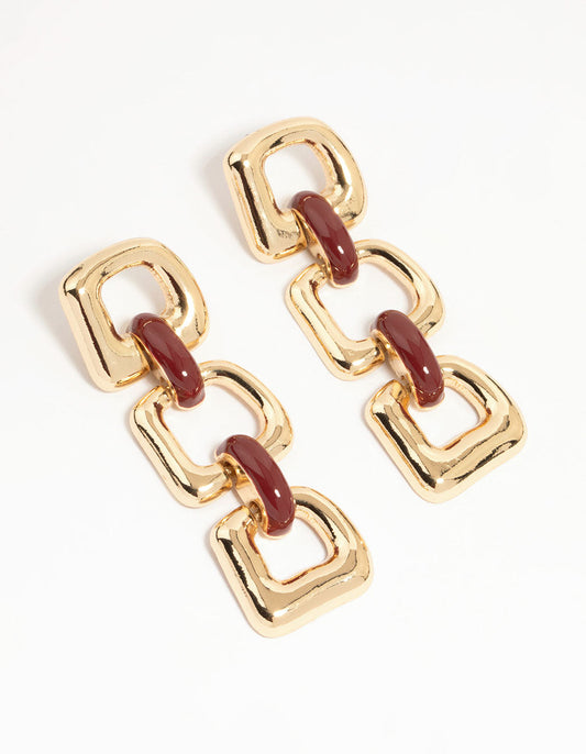 Gold Triple Chain Link Drop Earrings