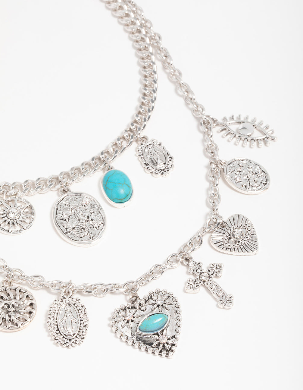 Silver Turquoise & Heart Layered Charm Necklace