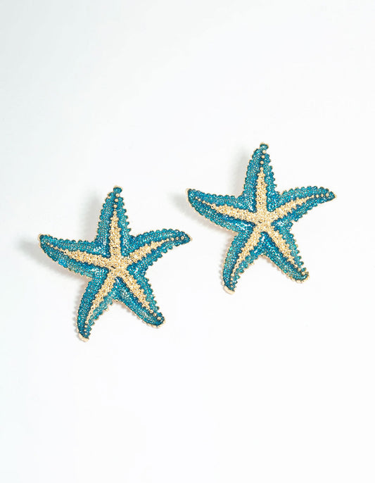 Blue Coated Metal Starfish Stud Earrings