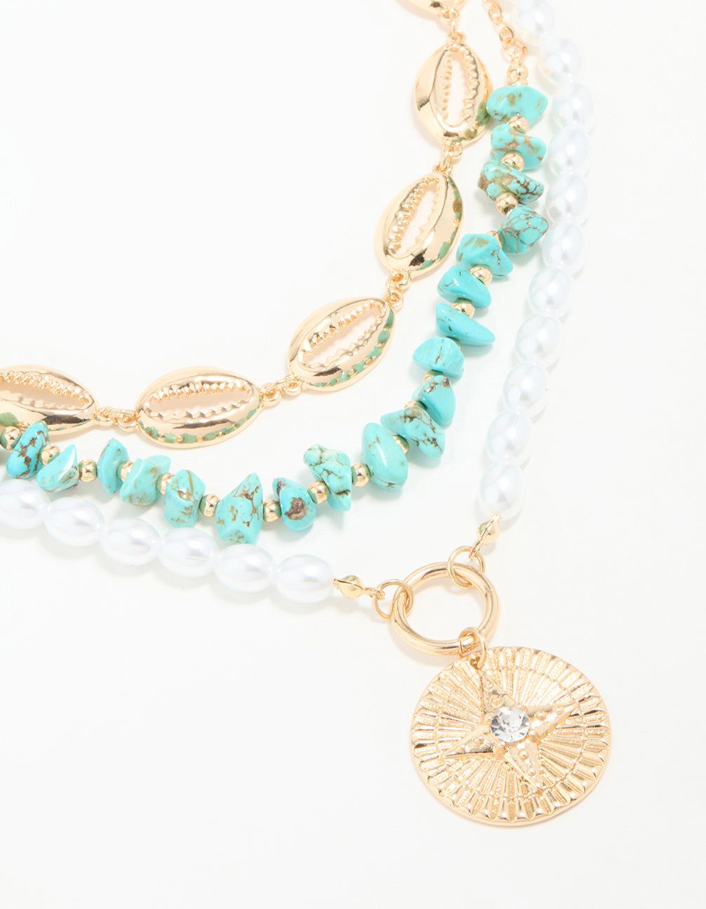Gold Pearl & Turquoise Stone Layered Necklace