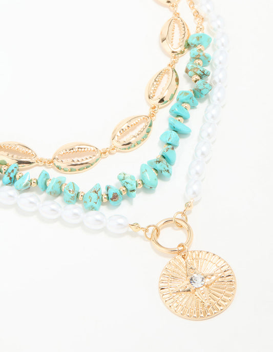 Gold Pearl & Turquoise Stone Layered Necklace