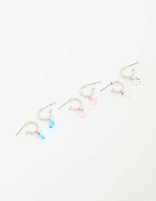 Silver Mixed Stone Huggie Hoop Earrings 3-Pack