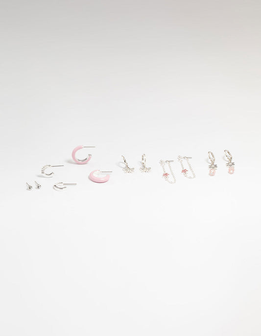 Silver Flower & Butterfly Mixed Earring Stack 6-Pack