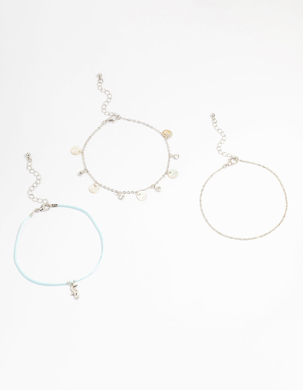 Silver Genuine Shell  Seahorse  Anklets 3-Pack