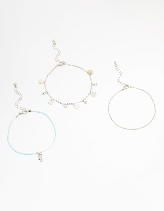 Silver Genuine Shell  Seahorse  Anklets 3-Pack