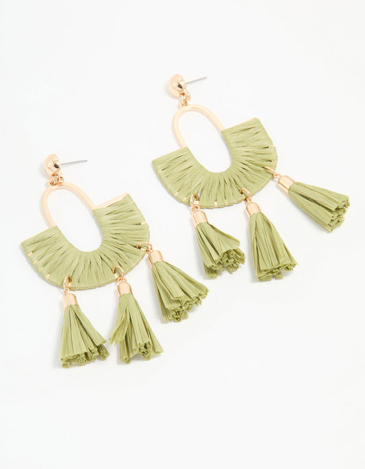 Gold & Green Half Woven Tassel Drop Earrings