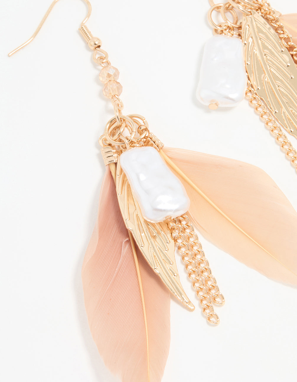 Gold Pearl Leaf Peach Feather Hook Earrings