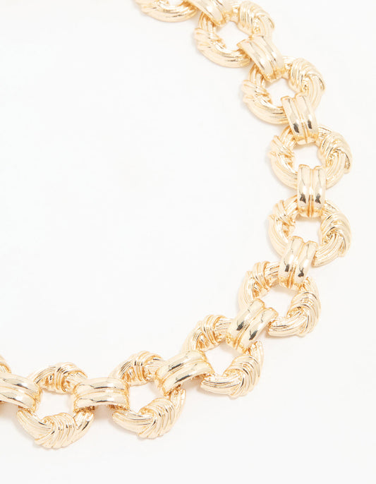 Gold Ribbed Knotted Link Necklace