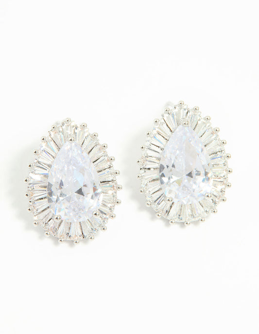 Silver Cubic Zirconia Pear Statement Stud Earrings
