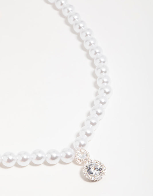 Silver Cubic Zirconia Pearl Short Pendant Necklace