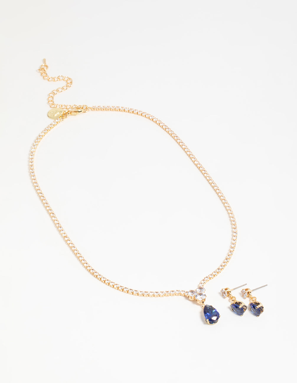 Gold Blue Cubic Zirconia Drop Necklace & Earrings Set