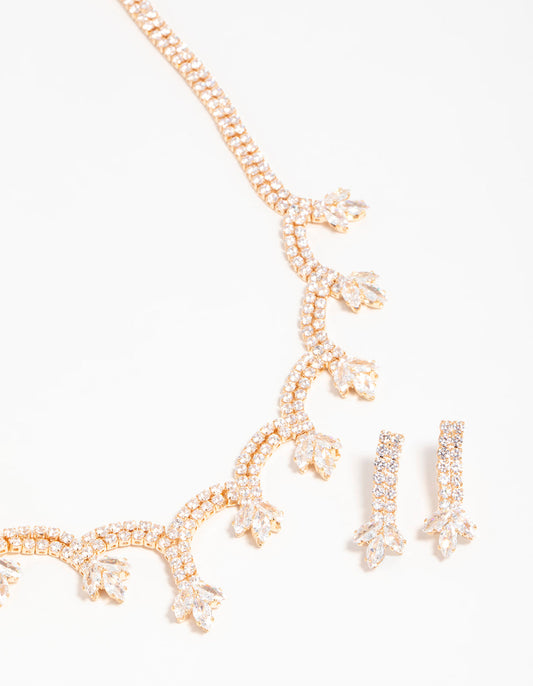 Gold Cubic Zirconia Scalloped Flower Necklace & Earrings Set