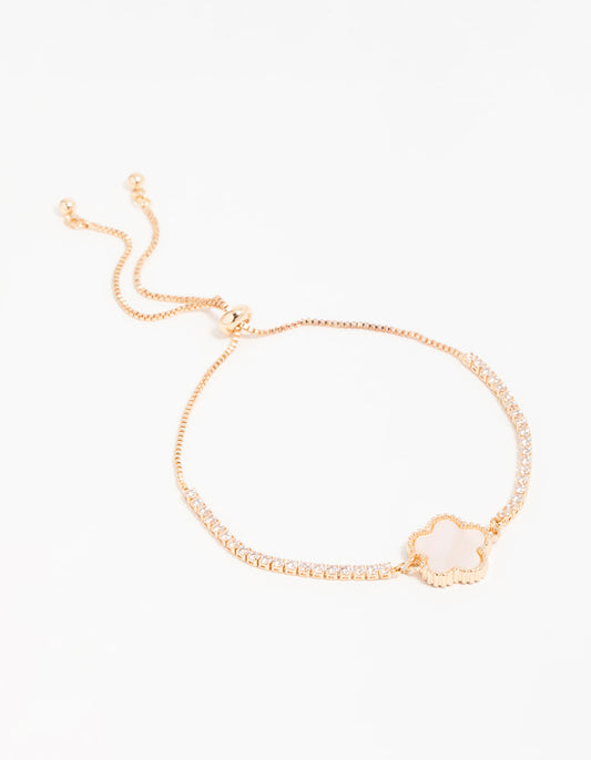 Gold Cubic Zirconia Mini Pink Flower Toggle Bracelet