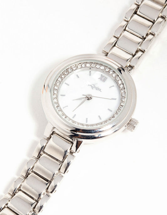 Silver Diamante Round Watch