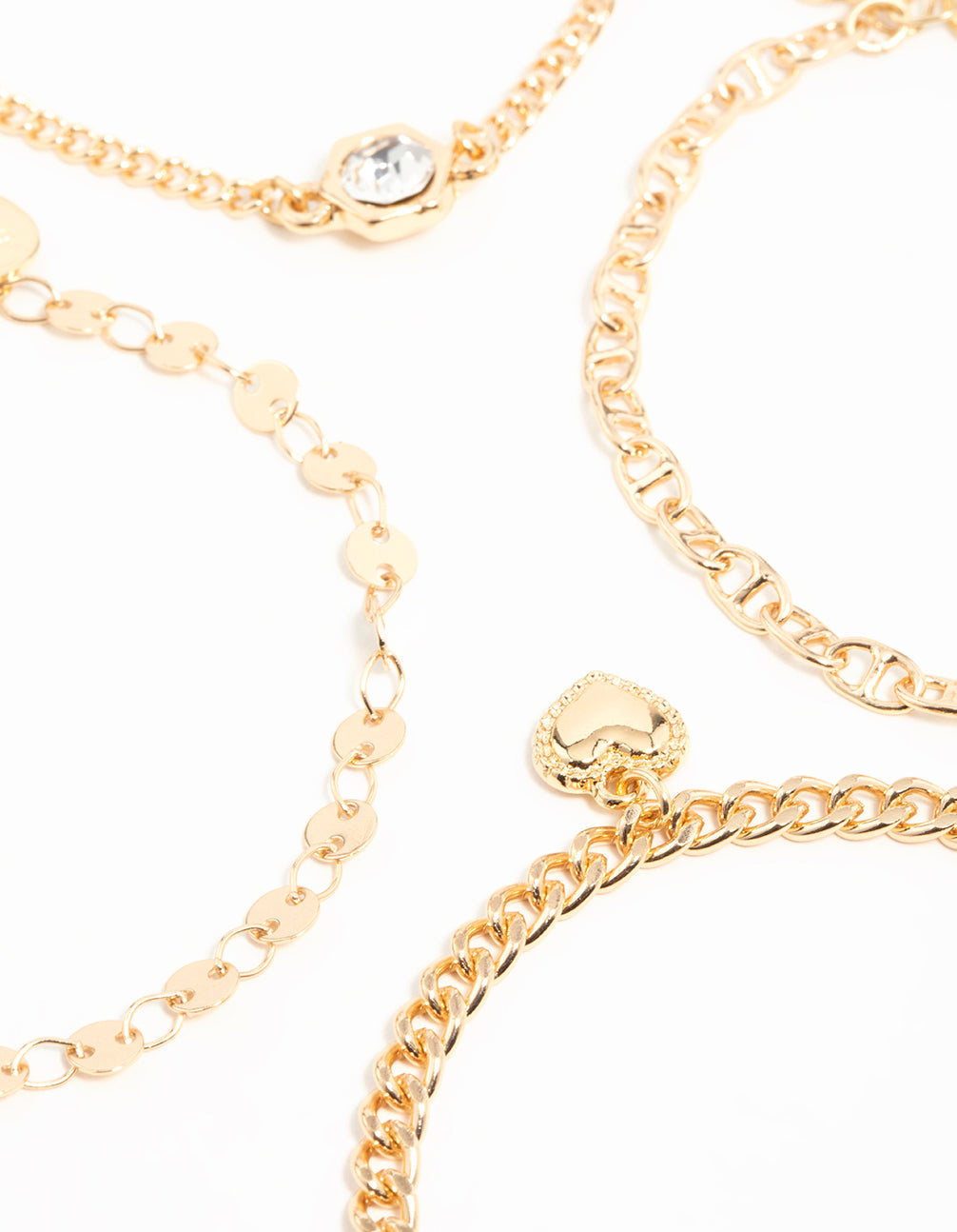 Gold Diamante & Chain Heart Bracelets 4-Pack