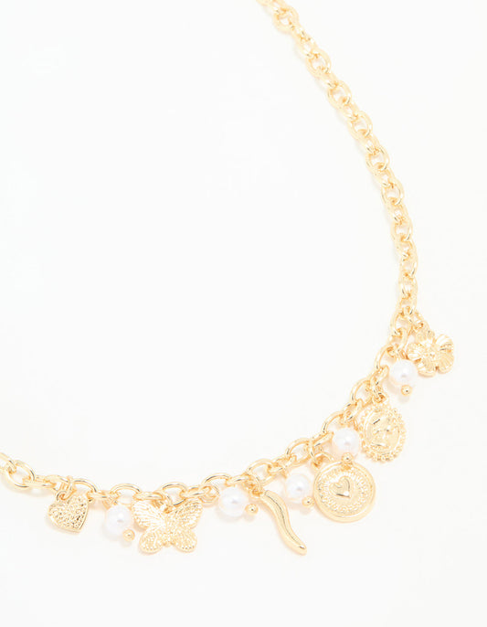 Gold Plated Cross & Mixed Charm Necklace
