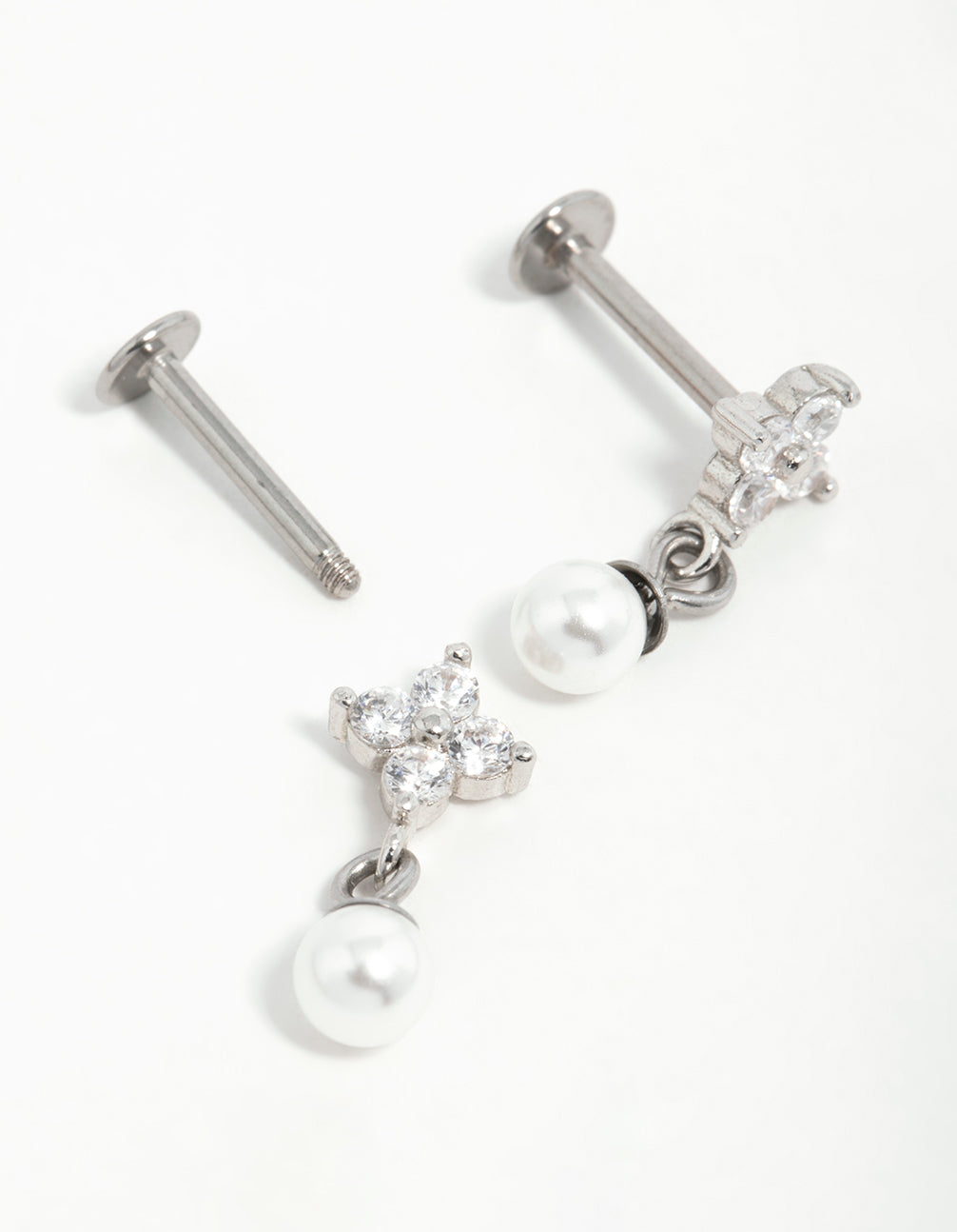Surgical Steel Pearl Cubic Zirconia Flower Flat Back Earrings