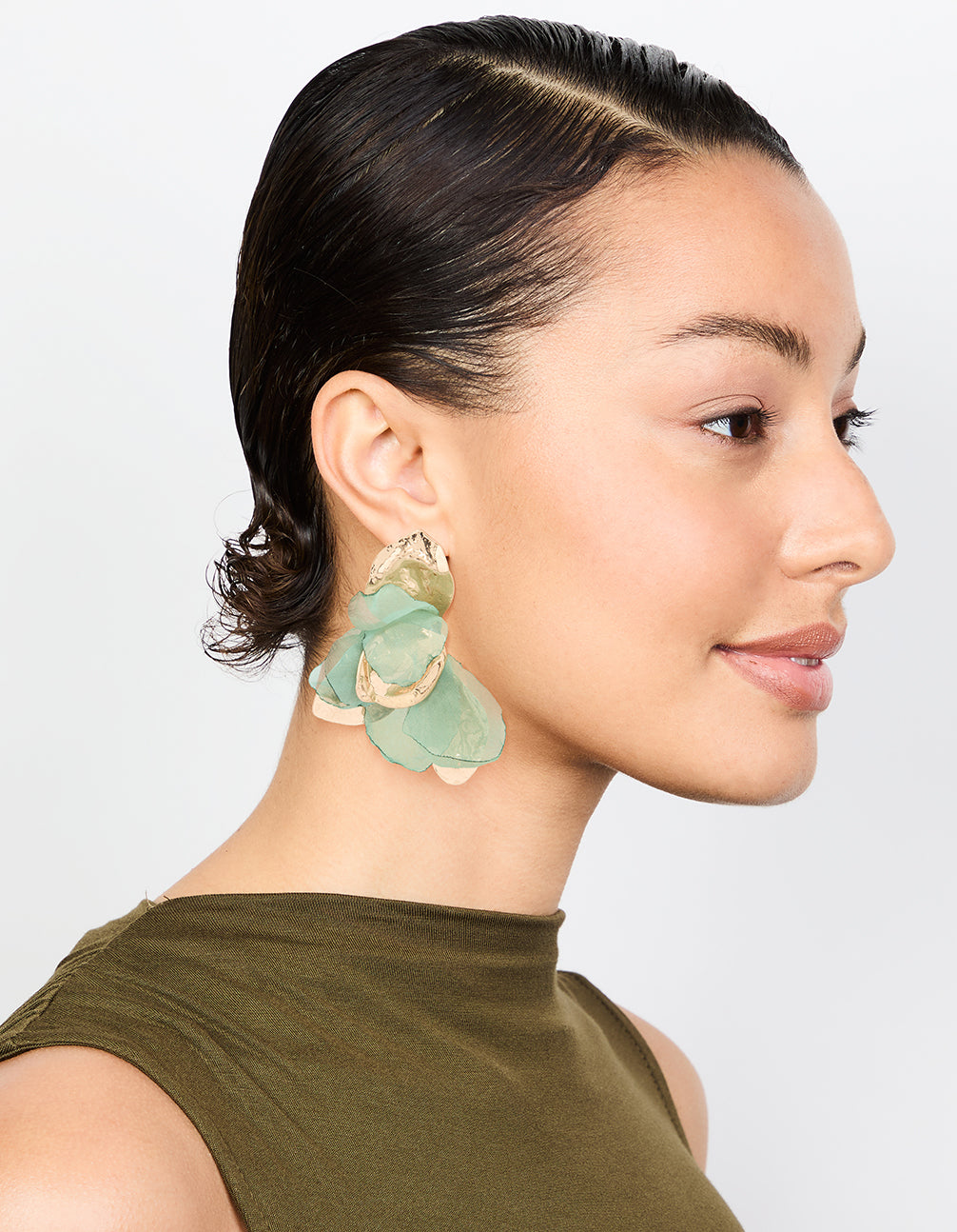 Gold Green Fabric Flower Drop Earrings