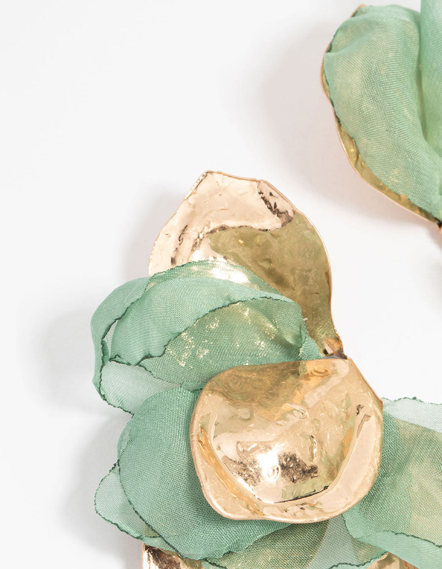 Gold Green Fabric Flower Drop Earrings