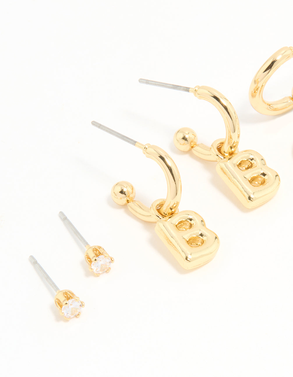 Gold Plated Cubic Zirconia Letter B Stud & Hoop Earrings 4-Pack
