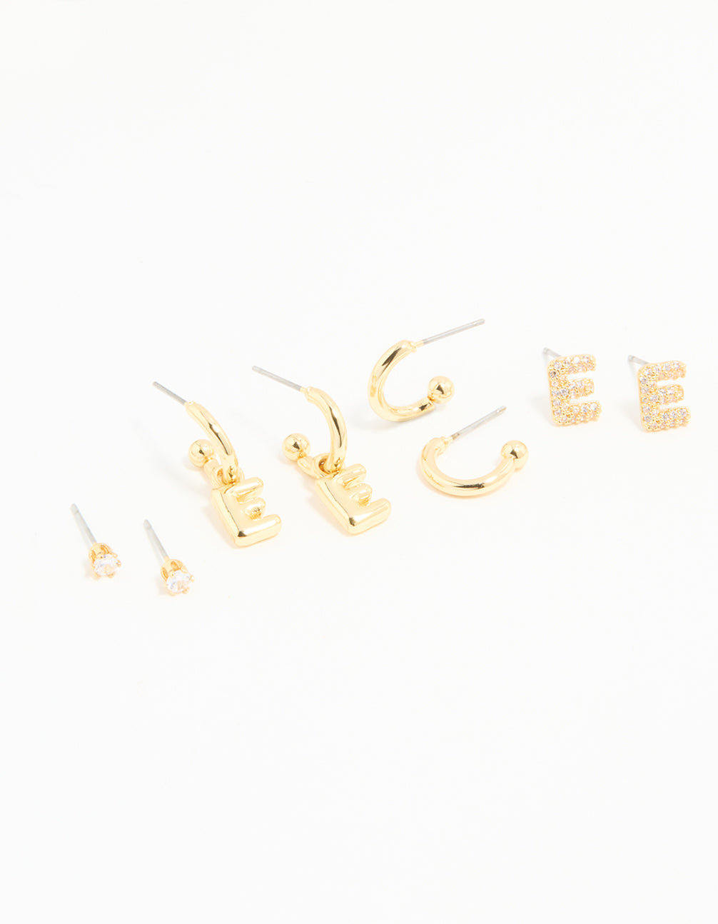Gold Plated Cubic Zirconia Letter E Stud & Hoop Earrings 4-Pack