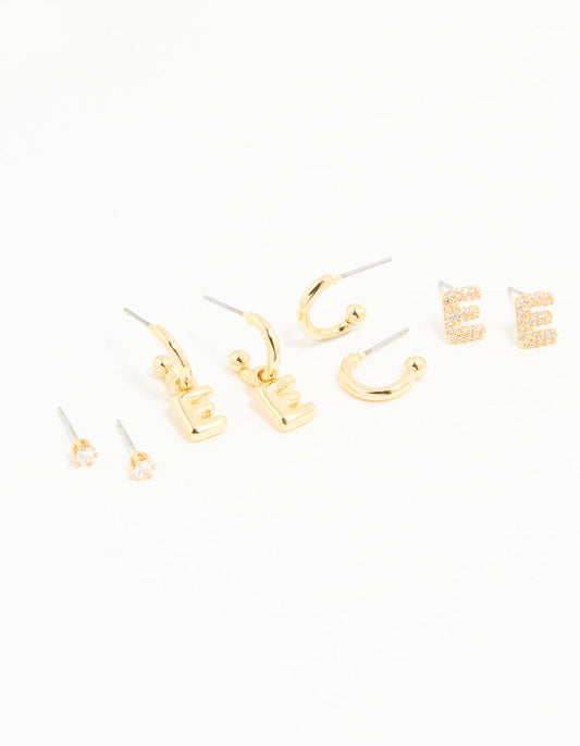 Gold Plated Cubic Zirconia Letter E Stud & Hoop Earrings 4-Pack