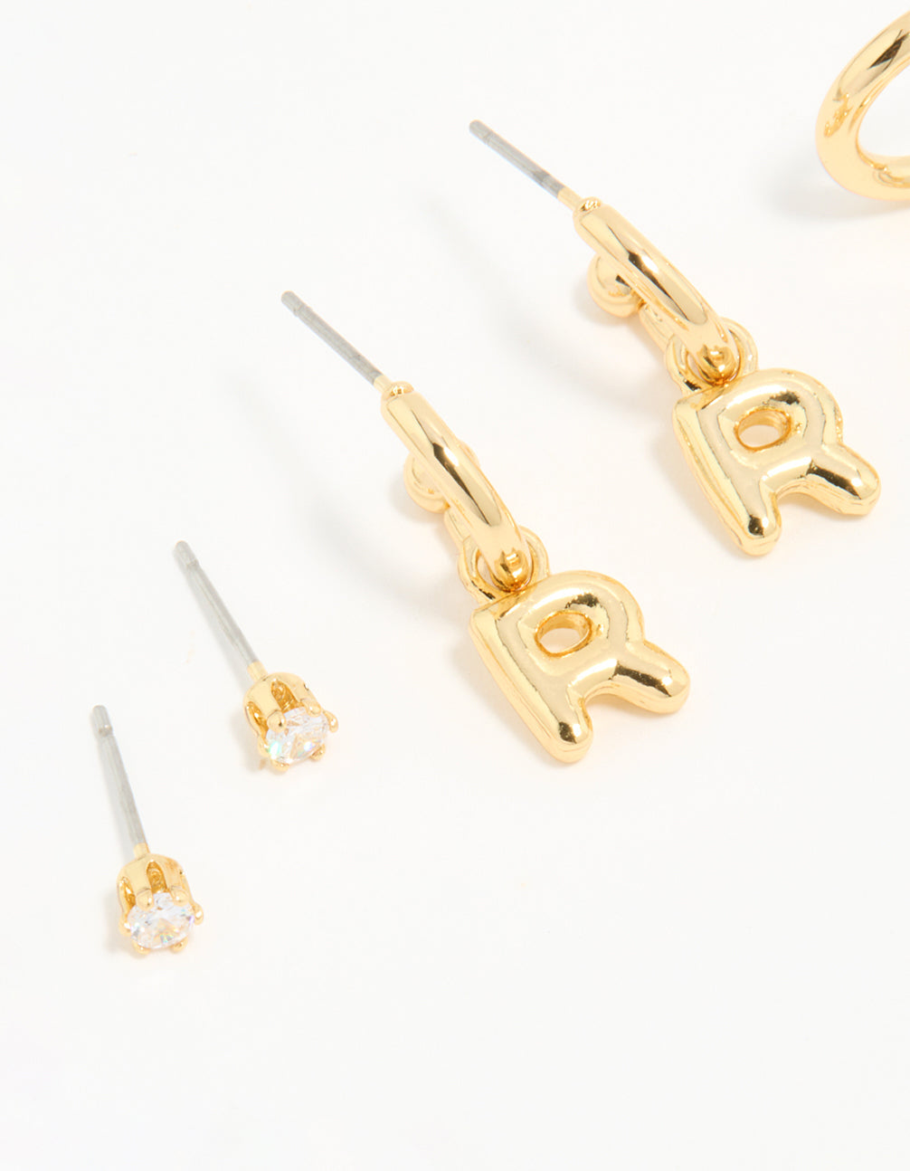 Gold Plated Cubic Zirconia Letter R Stud & Hoop Earrings 4-Pack
